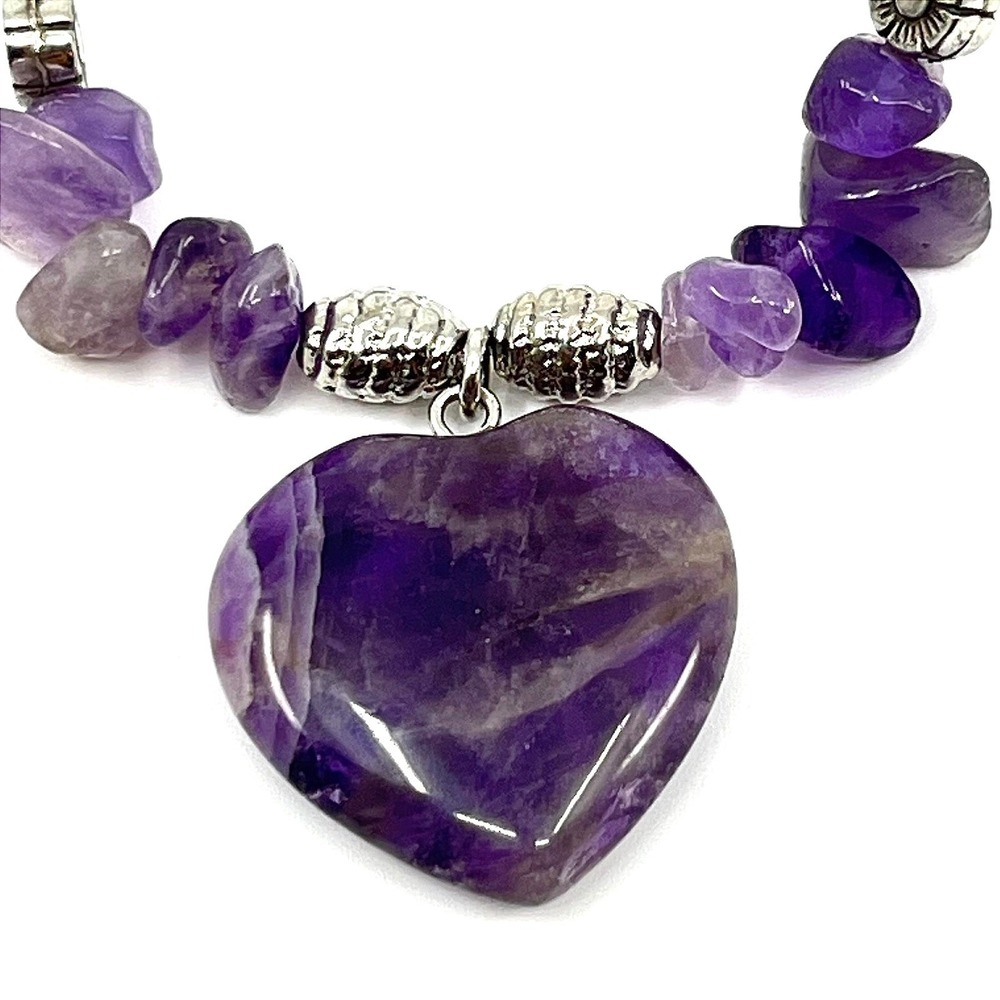 VTG Boho Amethyst Heart Pendant Cord Bracelet Purple Gemstone Chip Waxed Rope